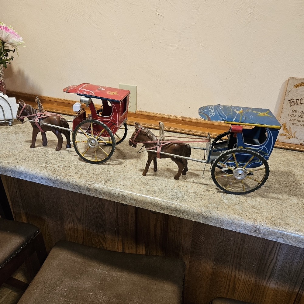Vintage folk art hand carved horse and metal kalesa phillipines toy souv…